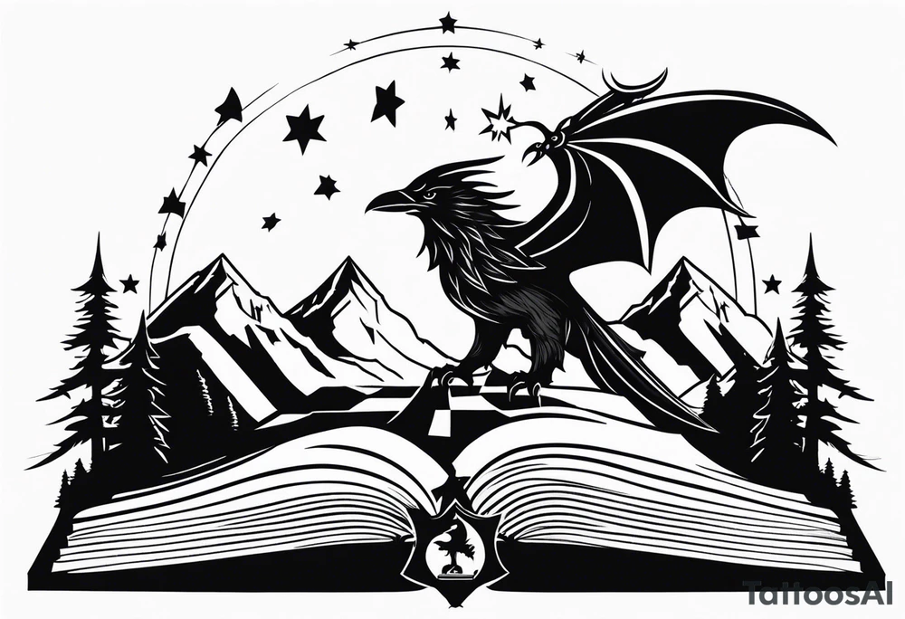 an open fantasy book. a flying dragon. A pawn chess piece. a sword. A raven. Stars with three mountain peaks tattoo idea