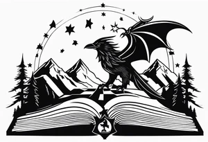 an open fantasy book. a flying dragon. A pawn chess piece. a sword. A raven. Stars with three mountain peaks tattoo idea