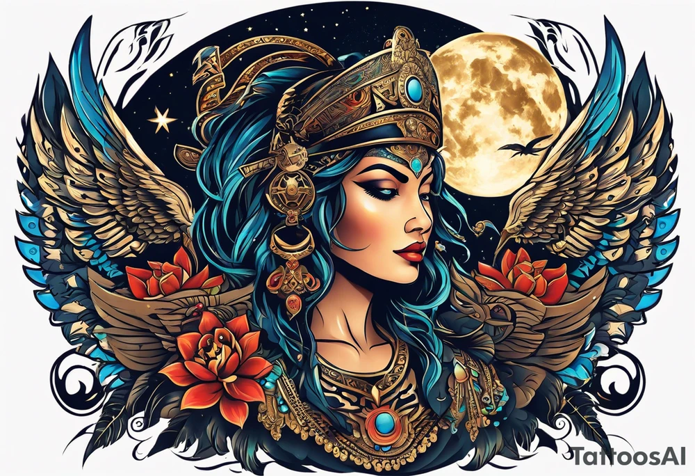 black kali, goddess pirate, alien, angel, pachamama, valkrye, warrior, flying, skull, lotus azul, wing, eagle, zenza resonance, stars, 5D, anahata chakra, death, durga, riding on a tiger, flying lady tattoo idea