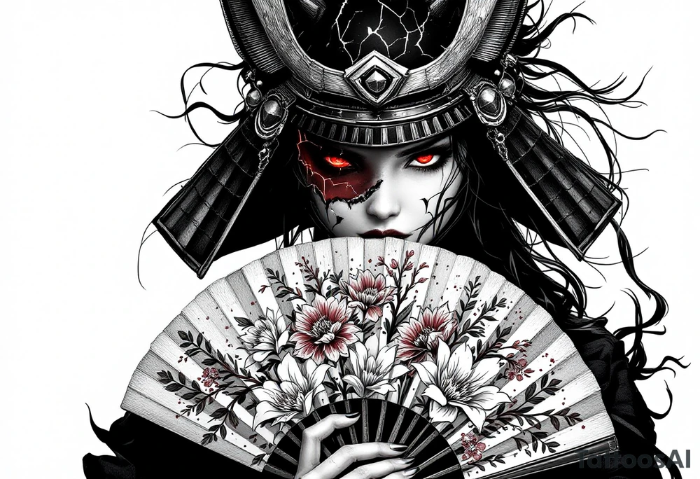 Woman samurai with red eyes wearing an half and broken kitsune mask, holding a japanese fan with Sakura flowers tattoo idea
