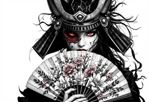 Woman samurai with red eyes wearing an half and broken kitsune mask, holding a japanese fan with Sakura flowers tattoo idea