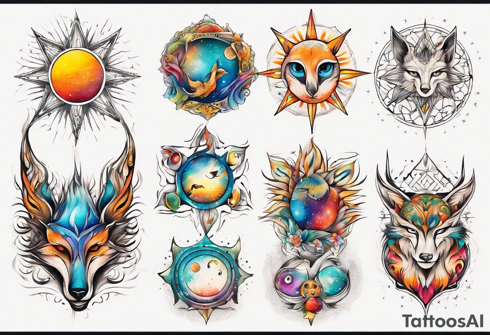fisch, fuchs und eule , symetrie  sonne, universum, bunt, " sapere aude" tattoo idea