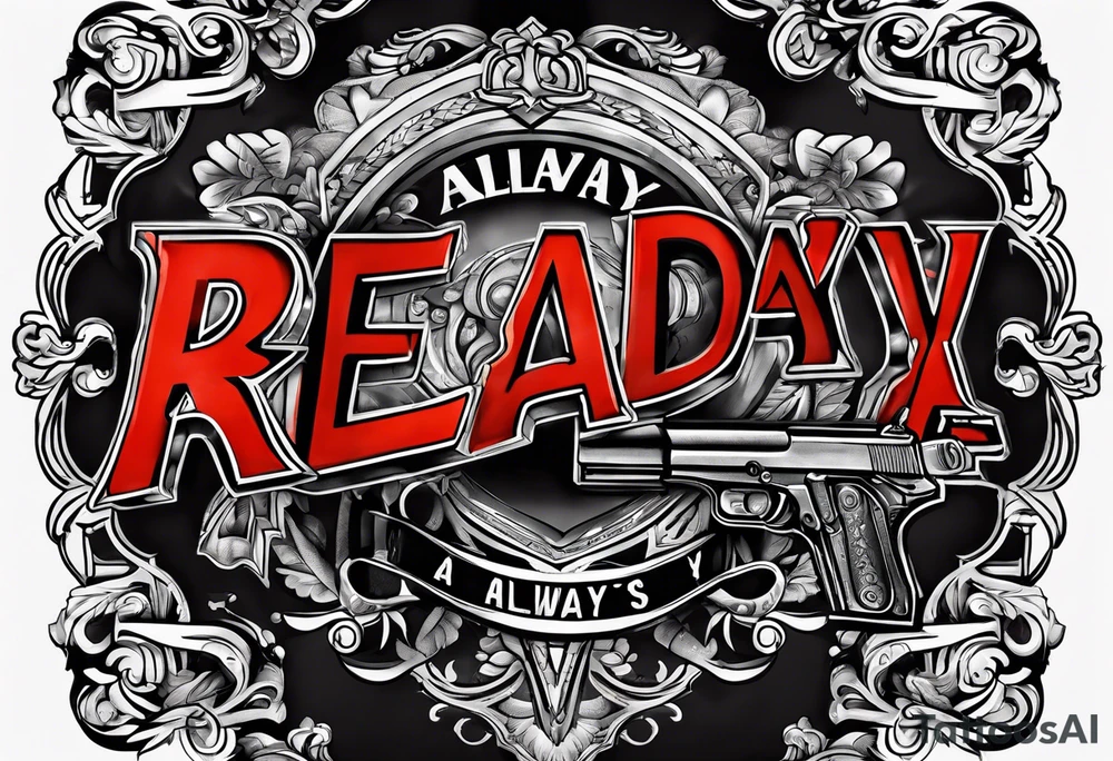 The letters AR with a pistol on each side and the word always on the top and the word ready on the bottom tattoo idea