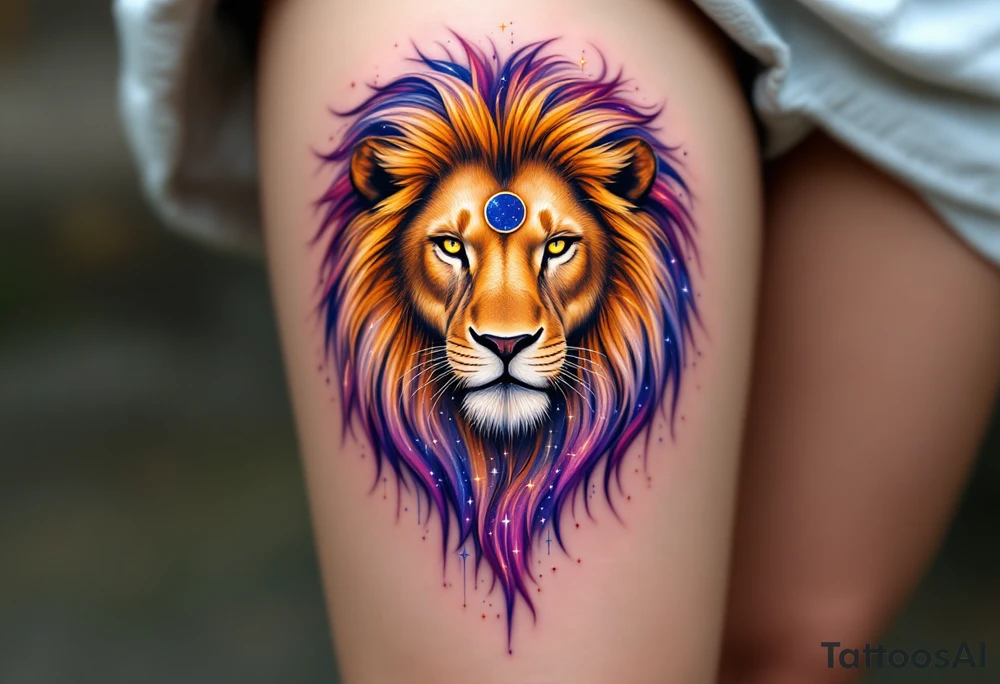 A Leo zodiac symbol and vivid leo star constellation rests between the eyes of a golden lion whose mane dissolves into a trail of starlit purple and blue. tattoo idea