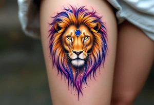 A Leo zodiac symbol and vivid leo star constellation rests between the eyes of a golden lion whose mane dissolves into a trail of starlit purple and blue. tattoo idea