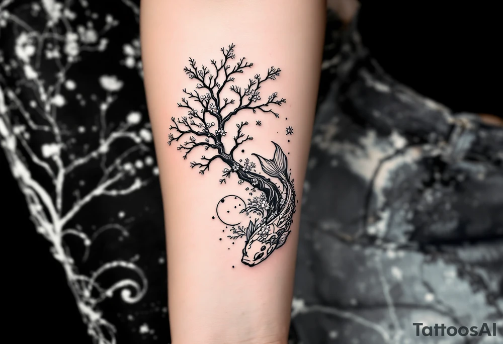 sakura tree, a moon, a koi fish with line work tattoo idea