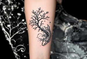 sakura tree, a moon, a koi fish with line work tattoo idea