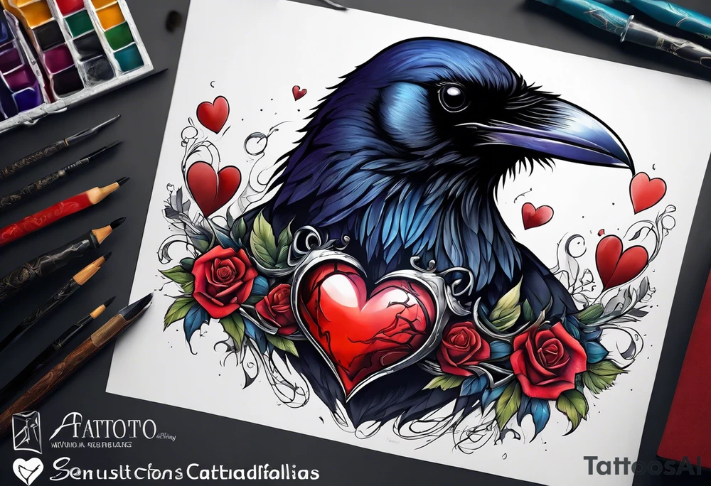 Raven with anatomical broken heart in beak tattoo idea