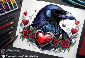 Raven with anatomical broken heart in beak tattoo idea