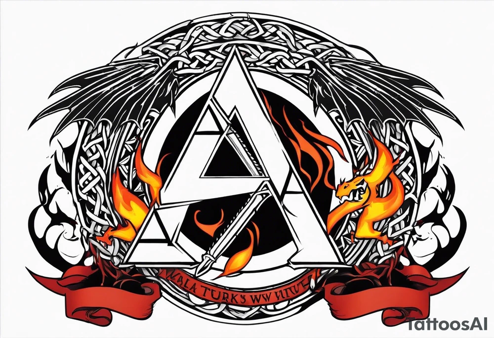 Valhalla sword shield axe barbed wire chains valknut fire dragon tattoo idea Valhalla sword shield axe barbed wire chains valknut fire dragon tattoo idea