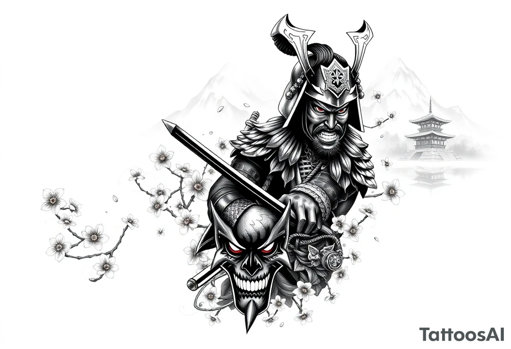 Design a detailed, all-black full arm sleeve tattoo featuring a traditional Japanese theme. The central figure is a fierce, heroic Japanese samurai warrior in full armor, wielding a katana. The samurai is positioned in a dynamic stance, as if preparing for battle, with intricate armor details like gold accents (only hinted in black shading) and ornate plating. Surrounding the samurai, delicate cherry blossoms bloom in full detail, their petals scattered across the sleeve with soft, swirling wind patterns. In the background, traditional Japanese structures, such as a pagoda, are subtly integrated, standing tall against a backdrop of misty, towering mountains that dominate the upper arm and shoulder area.

The sleeve also includes a highly detailed, intimidating Oni mask positioned on the inner forearm. The Oni mask has sharp, exaggerated features with heavy black shading, showing off its menacing grin and fiery eyes. Thin smoke or mist trails from the mask, weaving around the sleeve and merging with the surrounding elements. The overall design flows naturally, with the elements blending into each other seamlessly, using dark, dense shading to create depth and contrast, while maintaining a sense of movement and balance throughout the arm tattoo idea