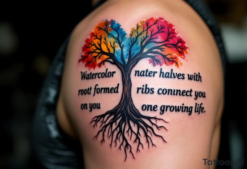 Watercolor tree halves with root-formed hearts on the ribs connect you as one growing life. tattoo idea