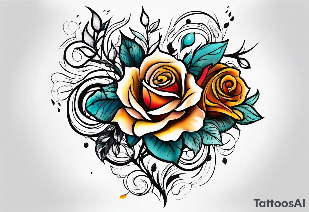 thigh tattoo with fall colors showing, flowers, roses, water flow, and sky tattoo idea