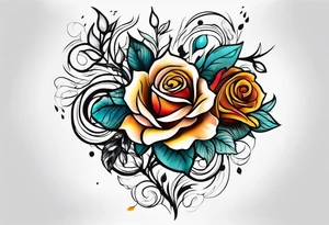thigh tattoo with fall colors showing, flowers, roses, water flow, and sky tattoo idea