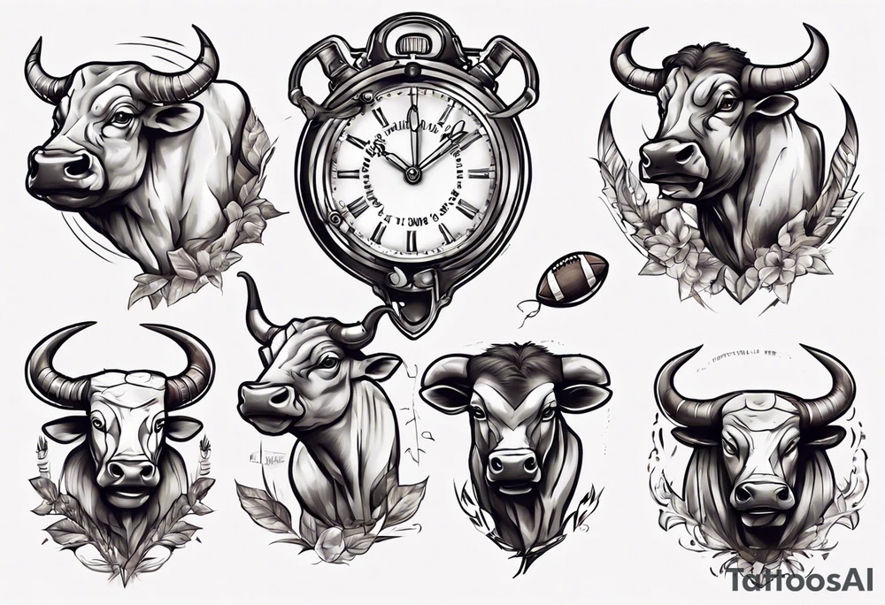 J'aimerai un taureau, et une horloge avec dedans mon chiffre 23, et à côté J'aimerai que tu rajoute une petite touche sur le football, tattoo idea