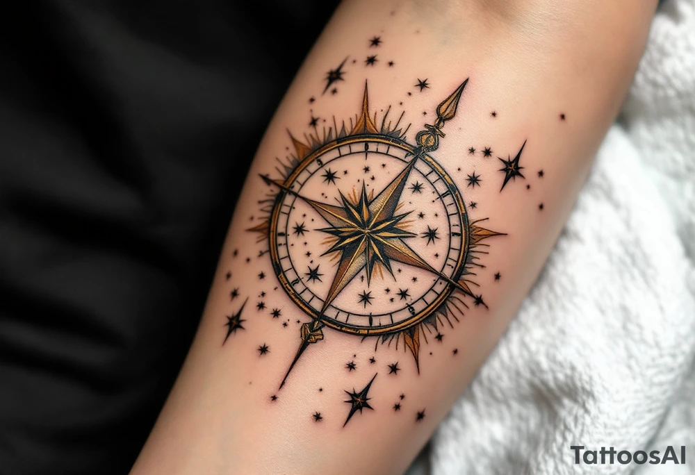 A vintage-style celestial tattoo featuring Sagittarius stars constellation, a compass, and golden sunbursts on a parchment-colored background. tattoo idea