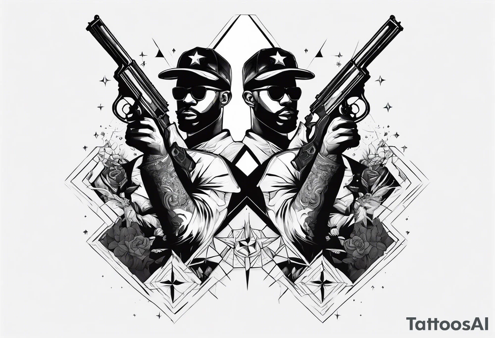 A reflection of two black siloets of people holding guns at two siloets dead tattoo idea