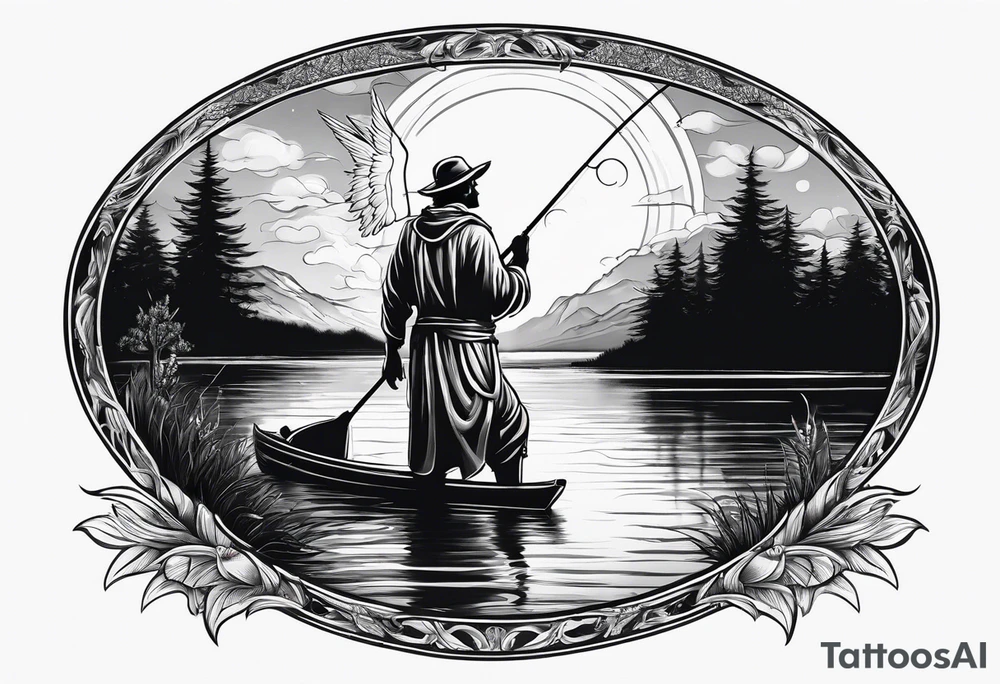 male angel with halo fishing in on a lake bank tattoo idea