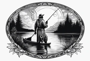 male angel with halo fishing in on a lake bank tattoo idea