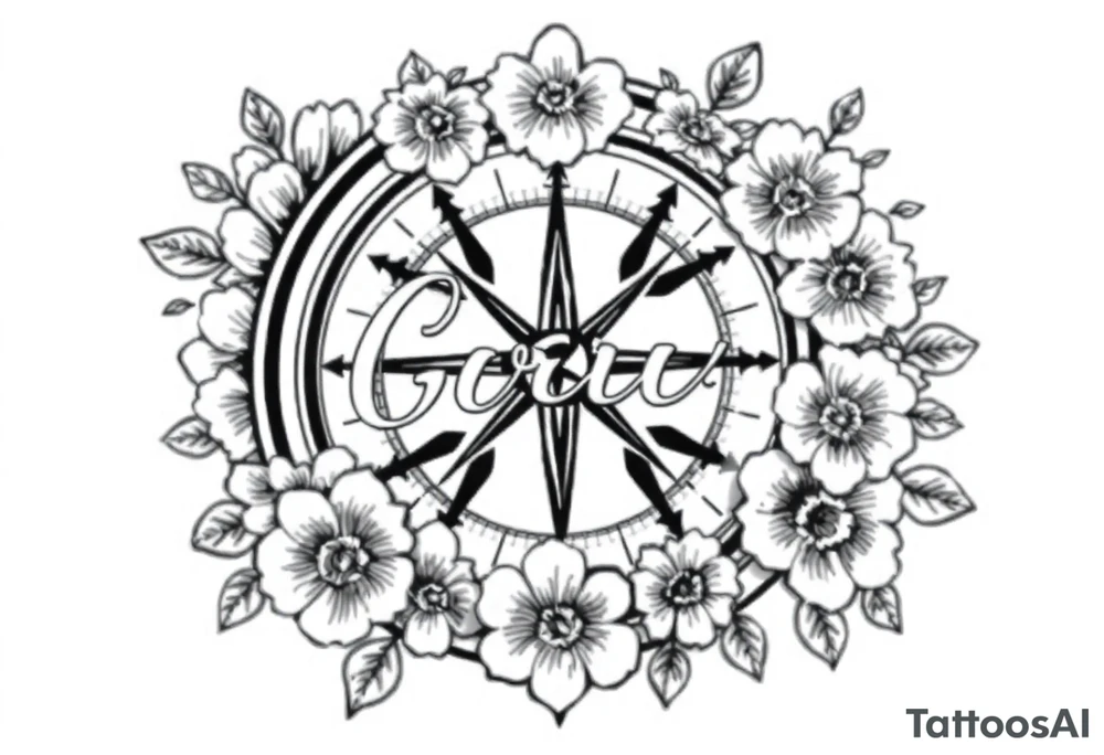 Compass surrounded with flowers cursive letters tattoo idea