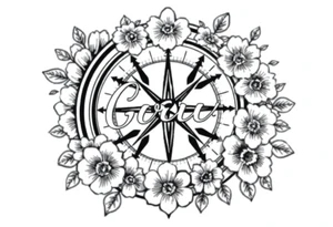Compass surrounded with flowers cursive letters tattoo idea