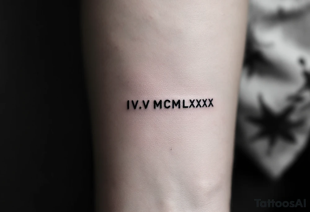 Minimalist IV.V.MCMLXXX tattooed in fine-line black ink on the inner forearm for a birthdate tribute. tattoo idea