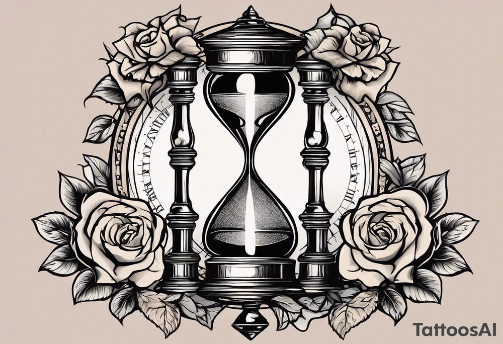 I want a tattoo-inspired design for a t-shirt that features a striking hourglass with a hand clock in the center, where the clock numbers are Amazigh numerals. The hourglass should have a bold, detailed look, with sharp lines and shading. Thorny roses should wrap tightly around the hourglass, with their vines and thorns creating a sense of depth and movement. Planets and stars should be incorporated in a way that they appear to orbit or emerge from behind the hourglass, giving the design a cosmic, timeless feel. The overall aesthetic should be bold and detailed, similar to blackwork tattoo designs, with a mix of natural and celestial elements."
black and whit design tattoo idea