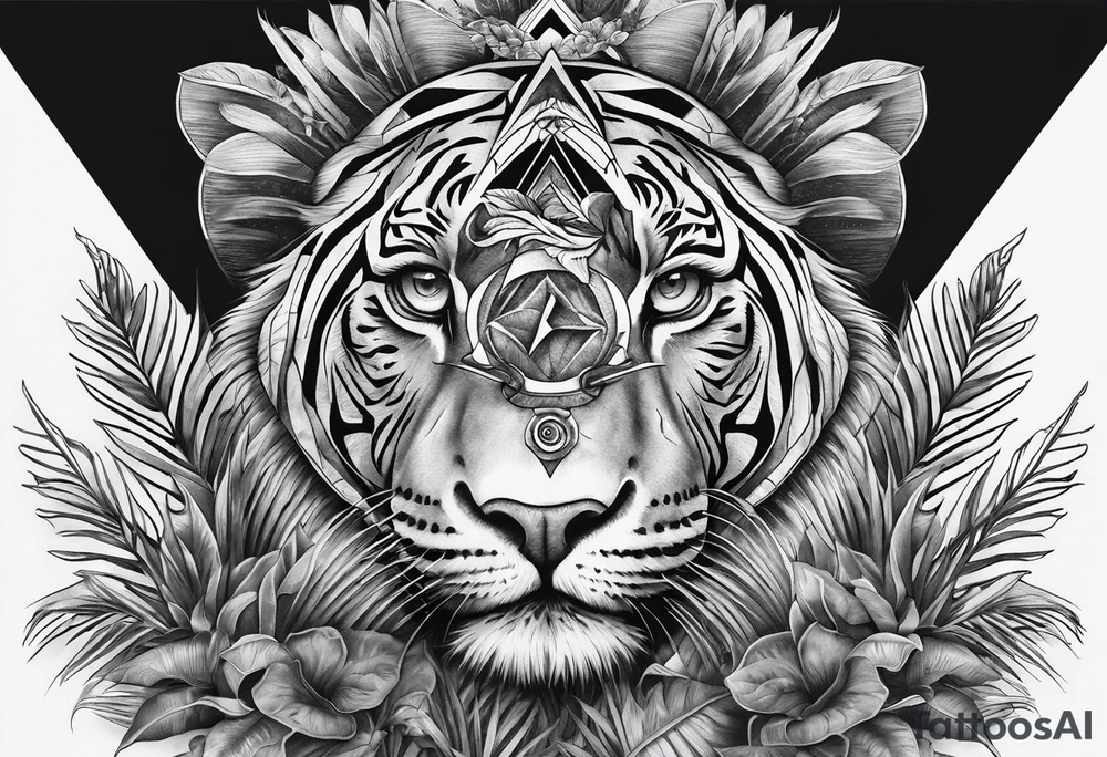 full arm sleeve, jungle plants, all-seeing eye tattoo idea