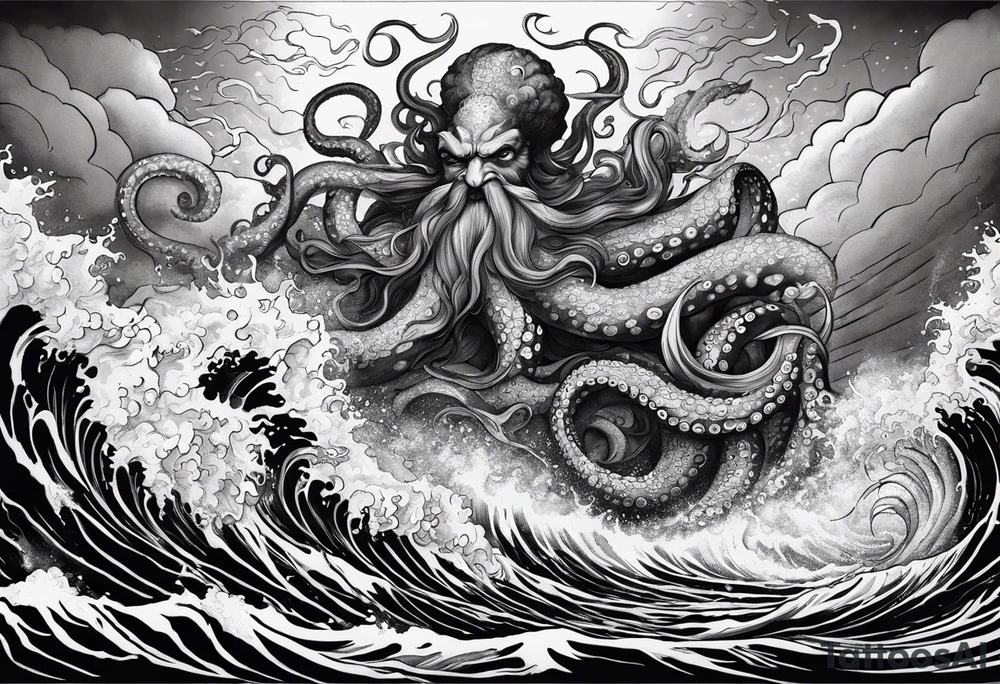 A vicious octopus monster underwater ensnaring the Greek god Poseidon as he thrust his trident into the beast. Turbulent storm with lightning & waves crashing tattoo idea