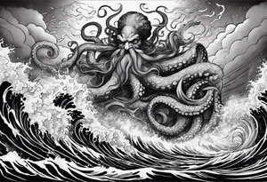 A vicious octopus monster underwater ensnaring the Greek god Poseidon as he thrust his trident into the beast. Turbulent storm with lightning & waves crashing tattoo idea