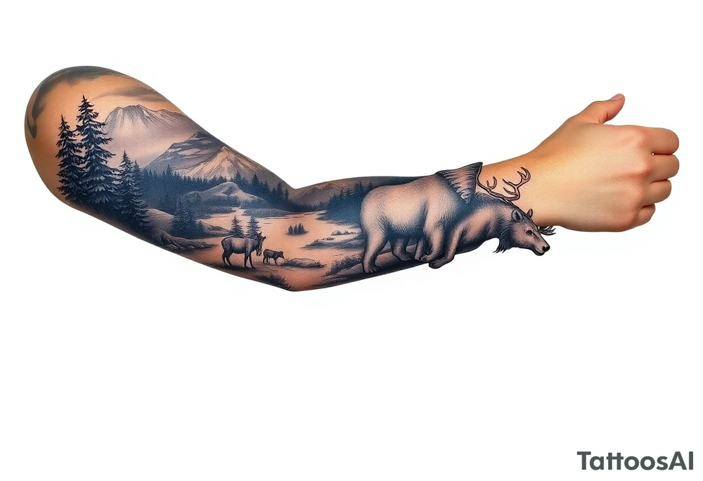 A full-sleeve with the Härjedalen landscape, reindeer, bear, lakes tattoo idea