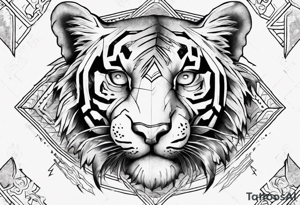 Ancient tiger with lightning and a sun for a forearm sleeve. With patterns surrounding it tattoo idea Ancient tiger with lightning and a sun for a forearm sleeve. With patterns surrounding it tattoo idea