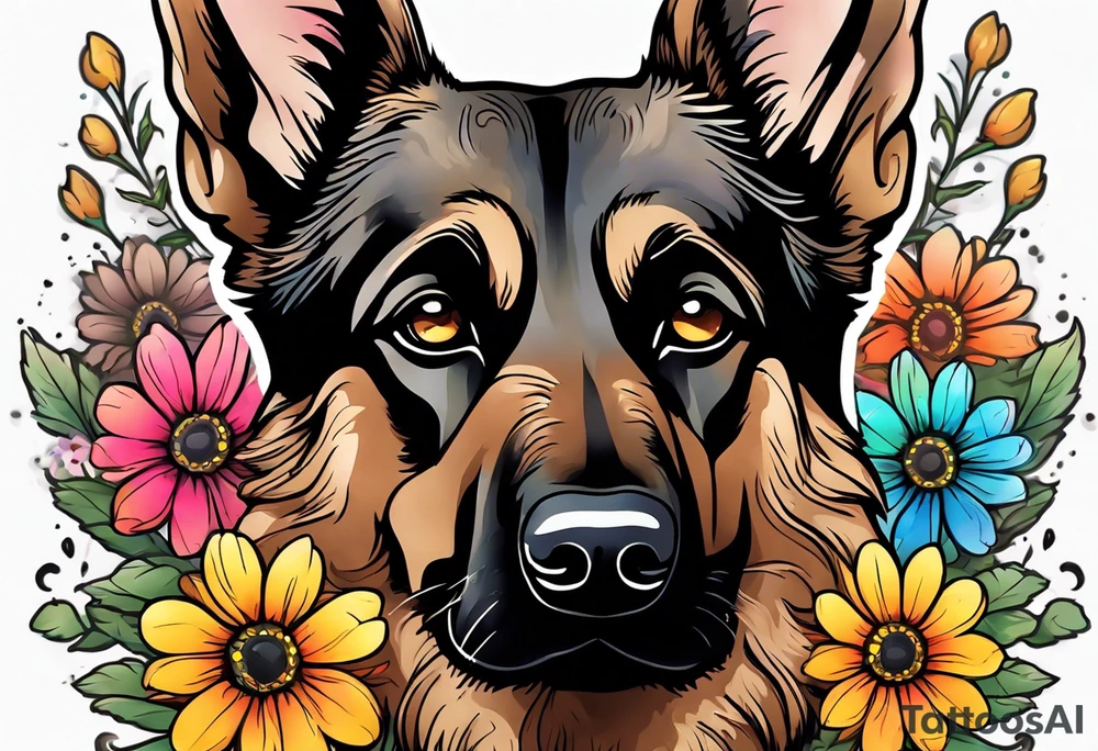 Dark Brown female German shepherd portrait surrounded by  colorful daisies tattoo idea
