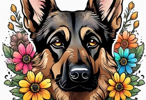 Dark Brown female German shepherd portrait surrounded by  colorful daisies tattoo idea