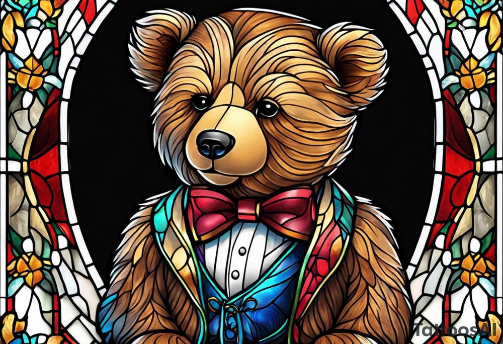 Teddy bear with bow tie stained glass tattoo idea