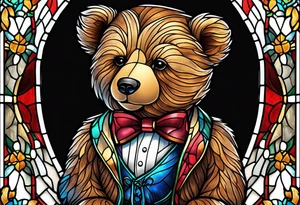 Teddy bear with bow tie stained glass tattoo idea