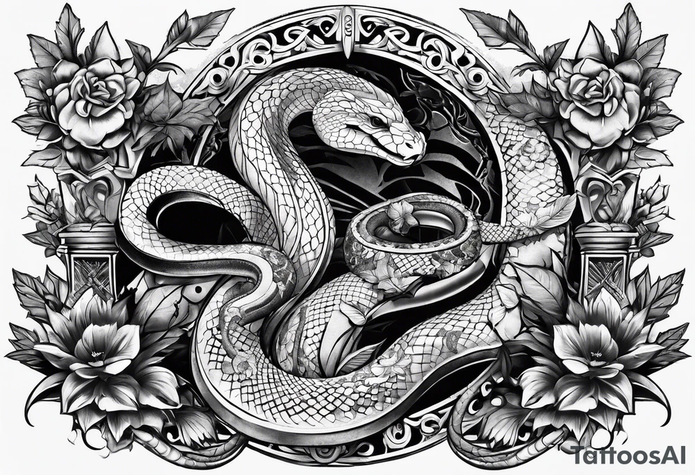 sleeve tattoo with a snake, gun, weed symbol and a medallion tattoo idea