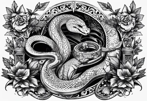 sleeve tattoo with a snake, gun, weed symbol and a medallion tattoo idea