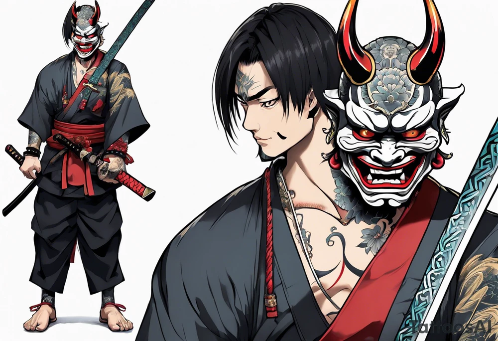 Full body Hannya  holding an ancient katana tattoo idea
