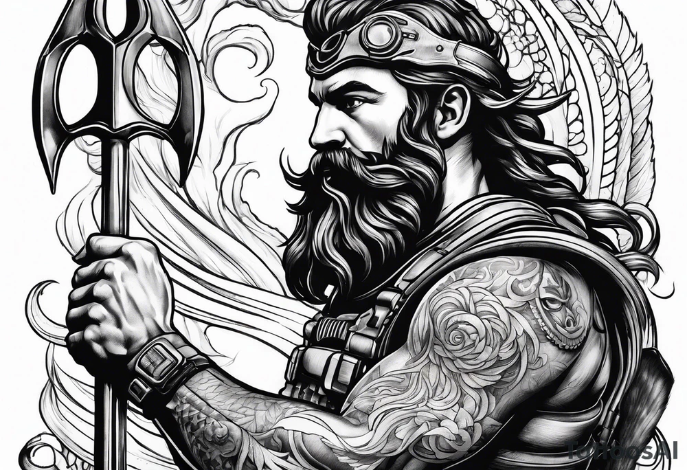 Scuba diver holding a trident of Poseidon tattoo idea