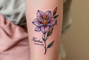Lilie flower with name and date "Kristýna – 5.4.2014 v 12:00" elegantly curved around its stem in rose gold ink. tattoo idea