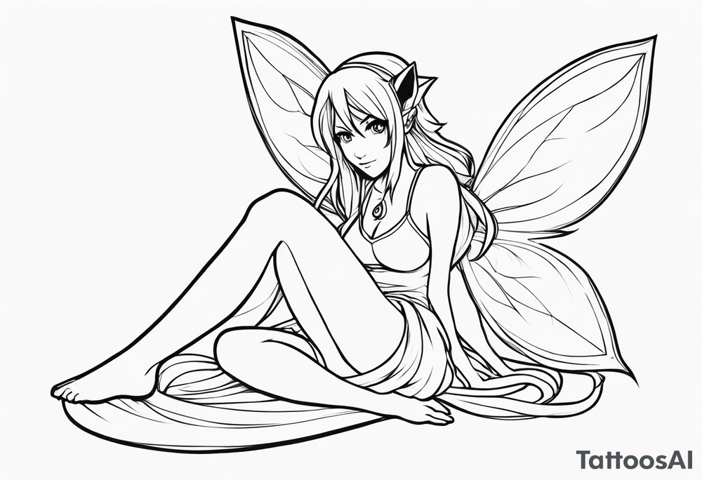 No color sketch of a fairy with a tail inspired by the guild symbol in the anime show called Fairy Tail in a fetal position leaning in and forward while crawled in tattoo idea