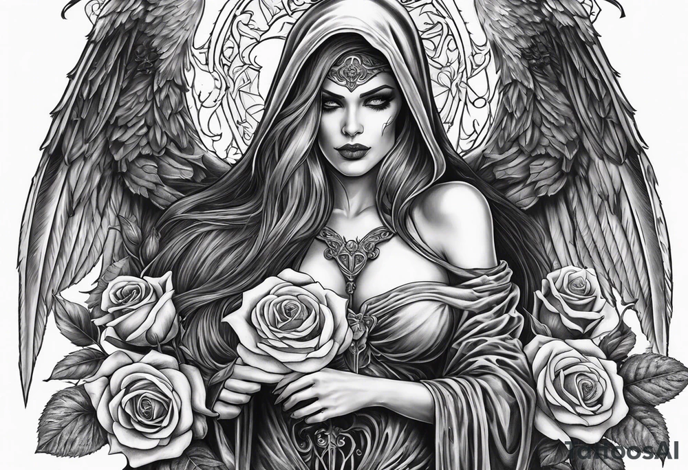 Lady death grim reaper with angel wings and skulls and roses tattoo idea