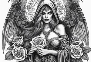 Lady death grim reaper with angel wings and skulls and roses tattoo idea