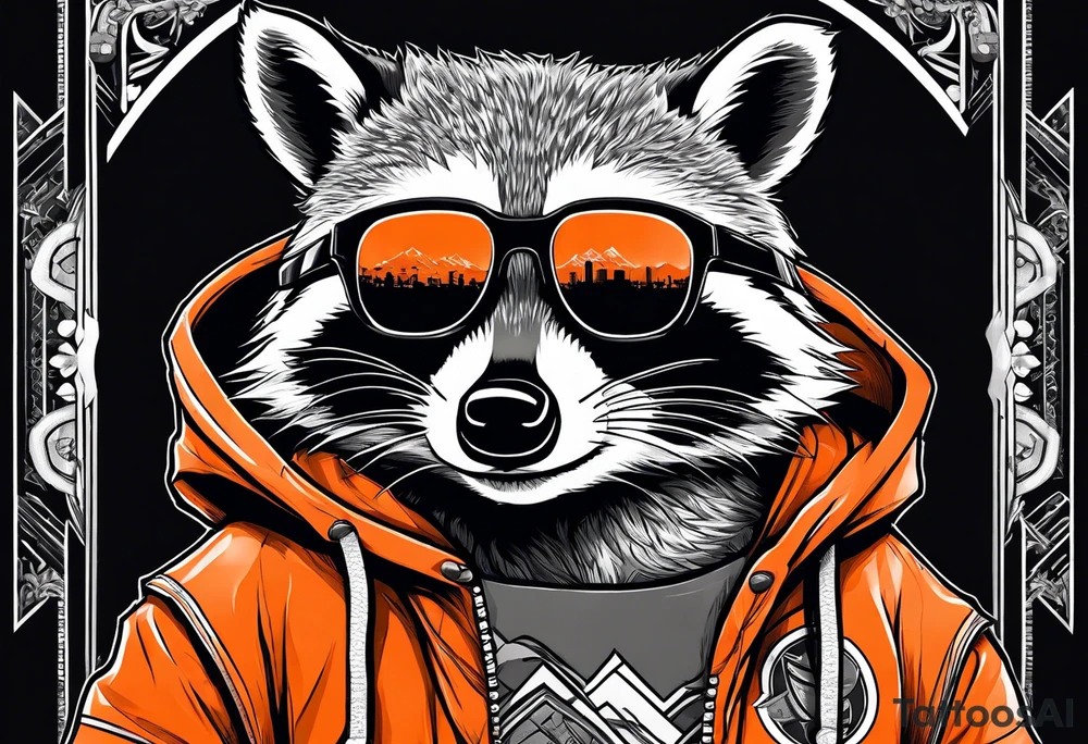 Raccoon wearing an orange Superman hoodie tattoo idea