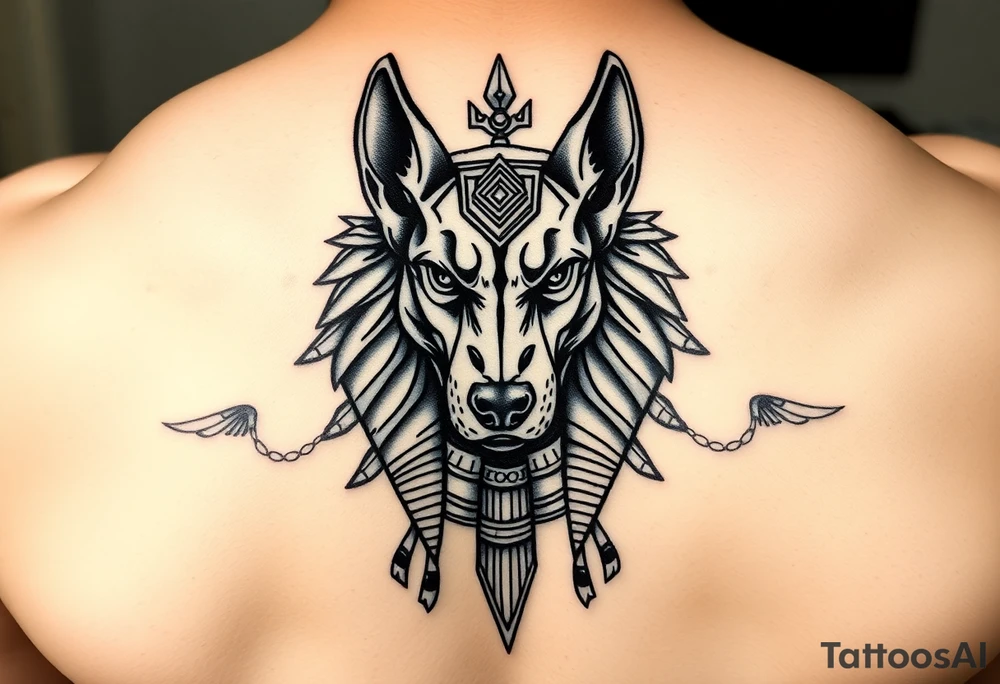 muscle Egyptian Anubis god face in Egypt style dog face surrounded Egyptian symbols tattoo idea