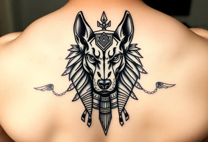 muscle Egyptian Anubis god face in Egypt style dog face surrounded Egyptian symbols tattoo idea