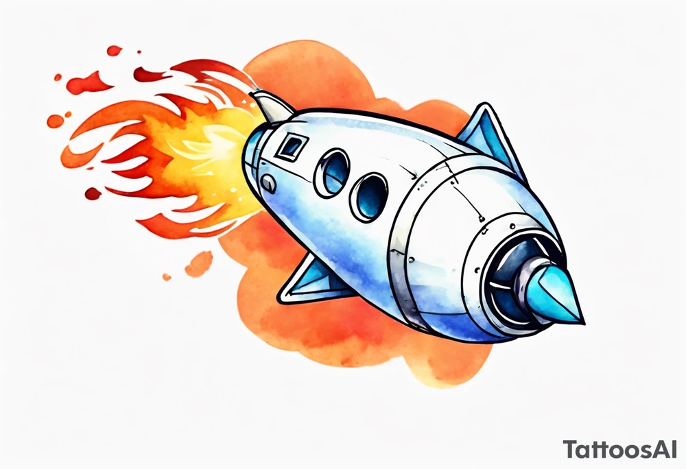 Super simple cartoon rocket ship with a round window, 3 fins, and fire coming out the bottom

Add some shading, color, and detail to make less basic - no blue tattoo idea