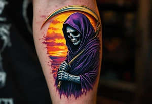 A Grim Reaper in a deep purple cloak, wielding a golden-edged scythe against a sunset backdrop. tattoo idea