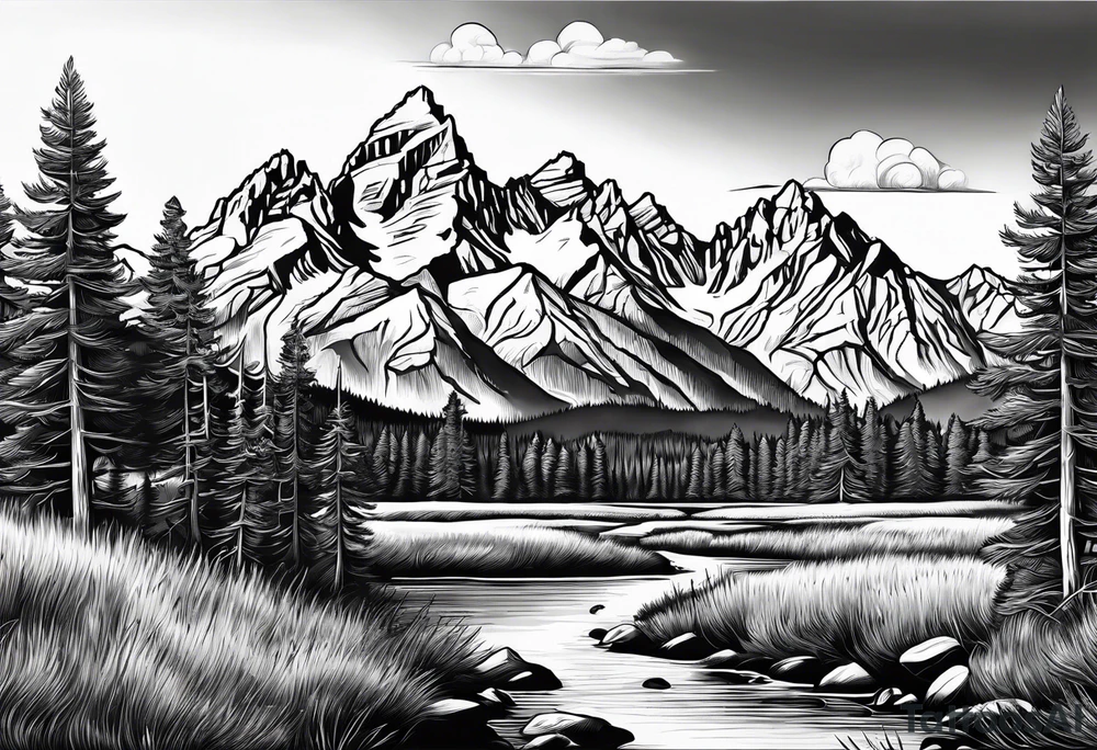 Half sleeve of Teton mountain range with trees lining the bottom of tattoo tattoo idea